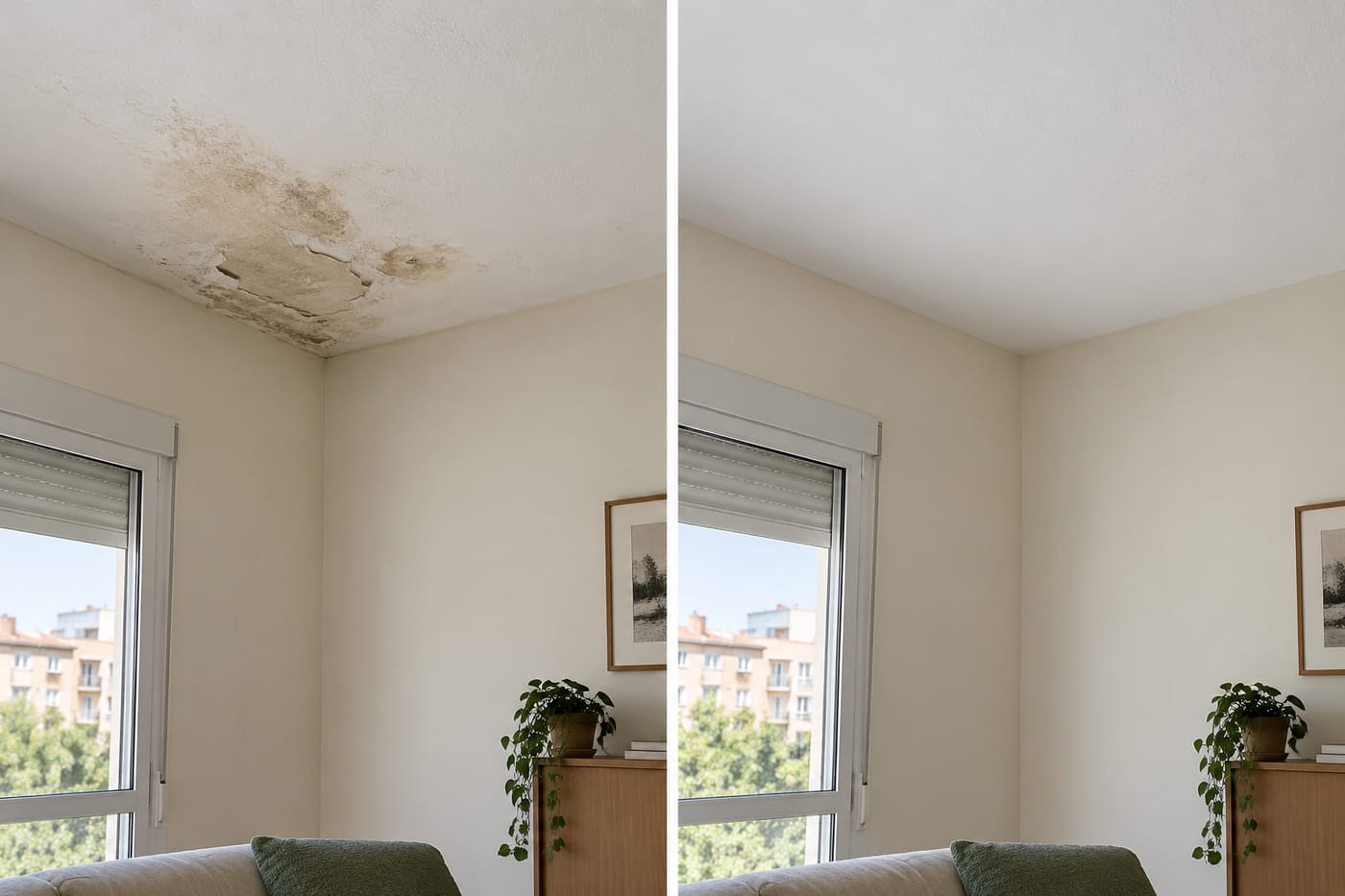 Techo con daños por filtración antes y después de la reparación